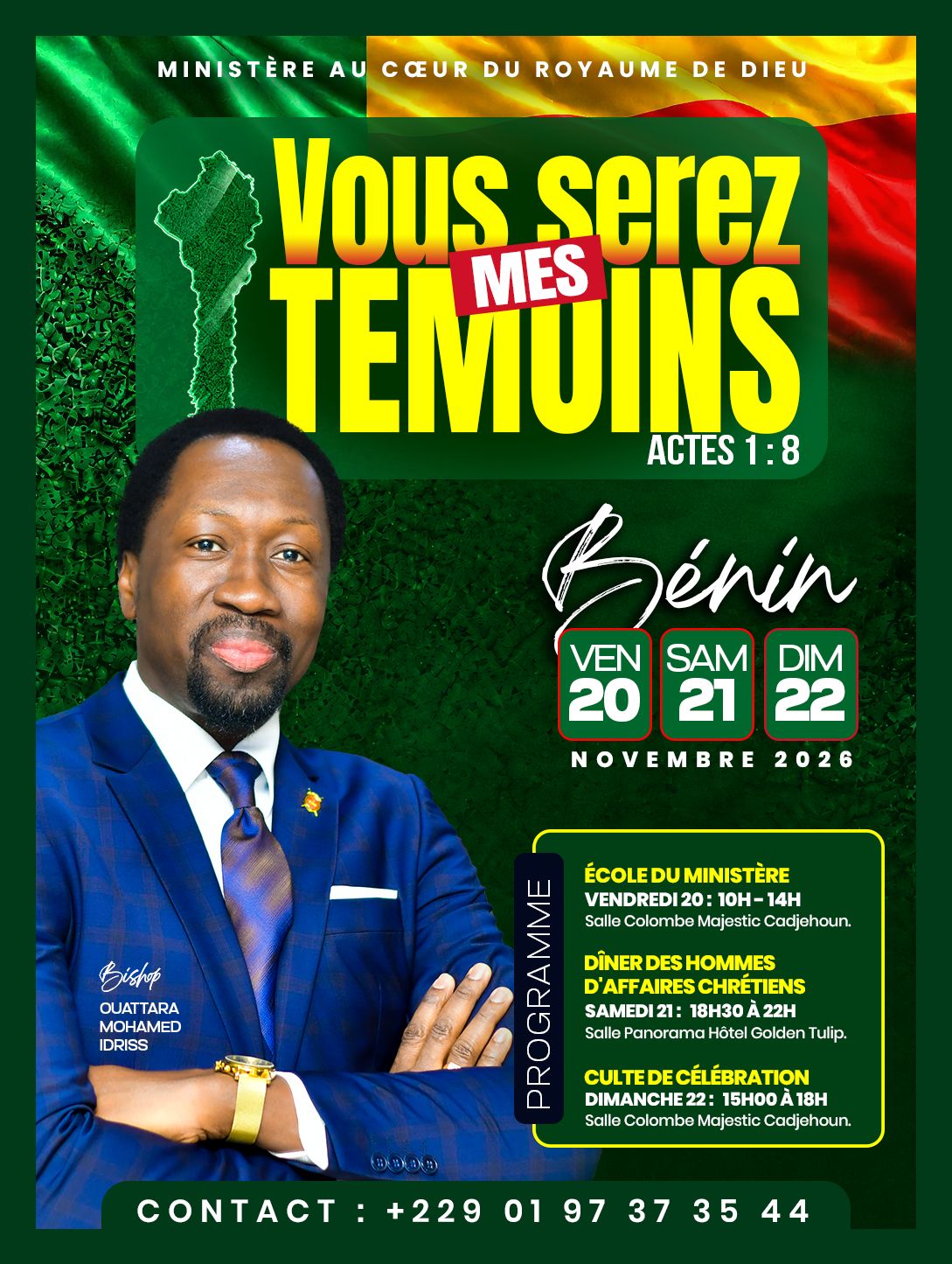 Affiche « Vous serez mes témoins », Bénin, 20 – 22 novembre 2026